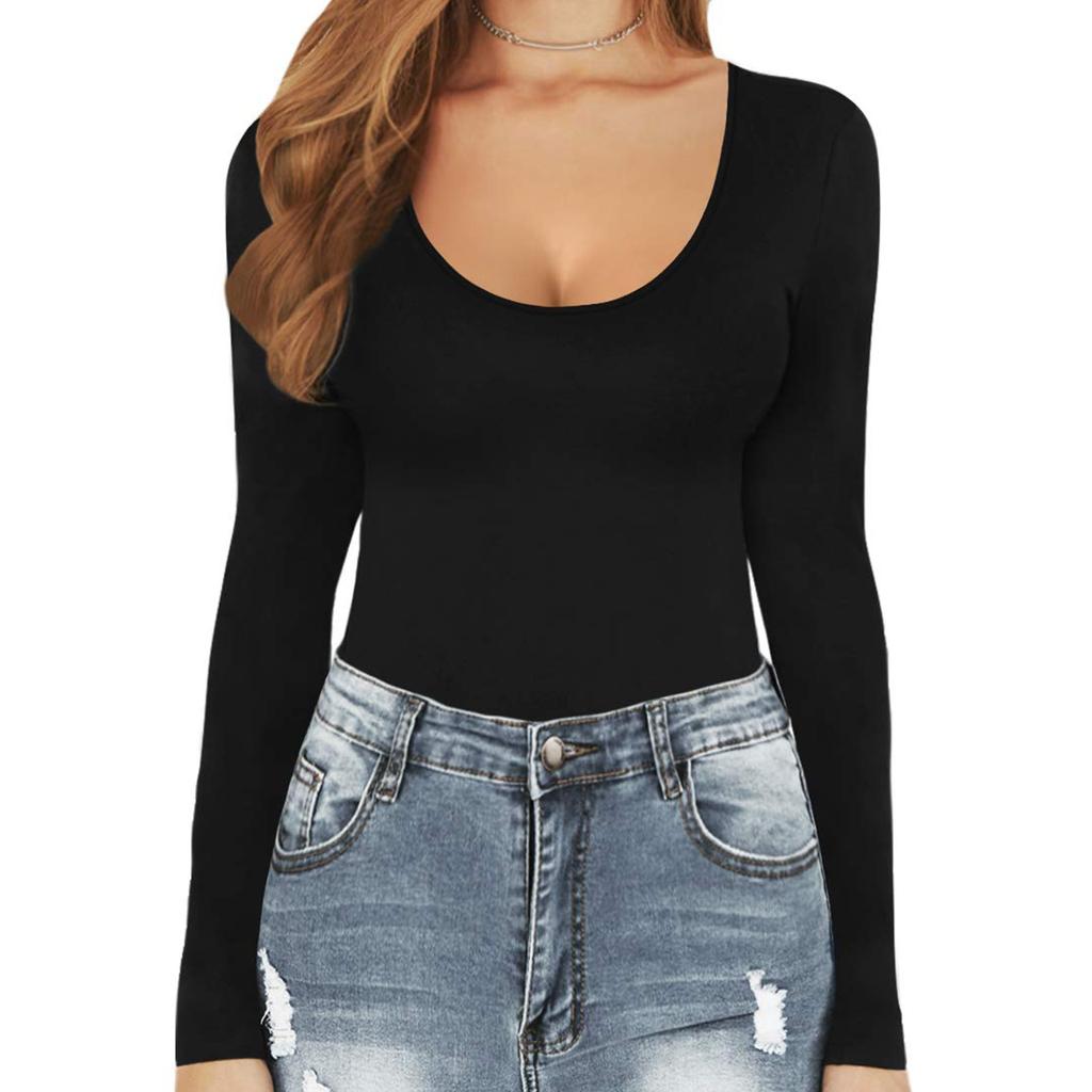 Women's Color Sexy Long Sleeve Racer Back Neck Sling Bodysuit Vest Jumpsuit