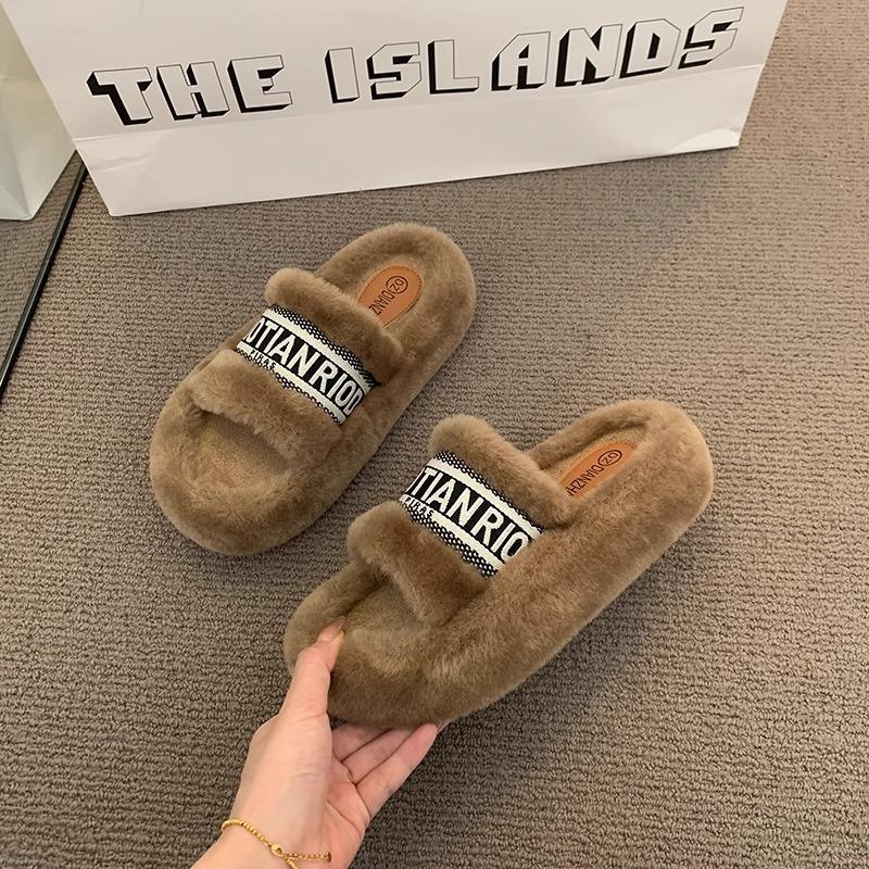 

Mao Mao slippers women wear thick soles autumn and winter Internet celebrities Mao Mao shoes European fashion home plush slippers spring and summer 40 хаки