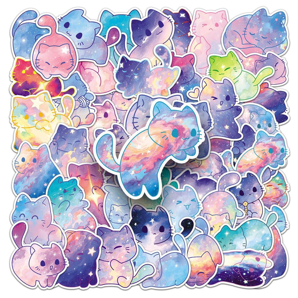 50 Cute Starry Sky Cat Stickers: Hand-Drawn Cartoon Decorations for Cups & Phone Cases