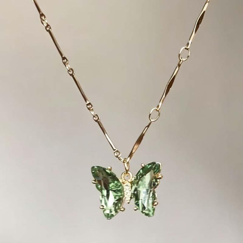 Mountain Forest Sweet Talk~Forest Green Butterfly Double Layer Necklace: Niche Summer Versatile Clavicle Chain for Women