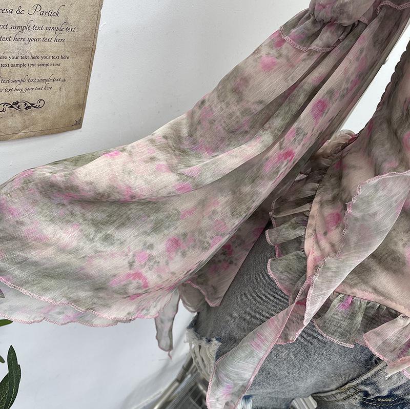 One-Shoulder Floral Print Bustier with Bell Sleeves and Lace-Up Back