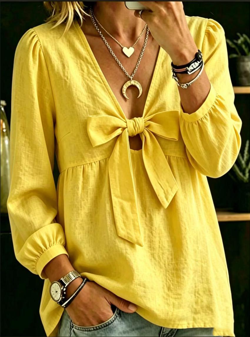 Women s Cotton-Linen V-Neck Long Sleeve Casual Shirt for Everyday Wear L