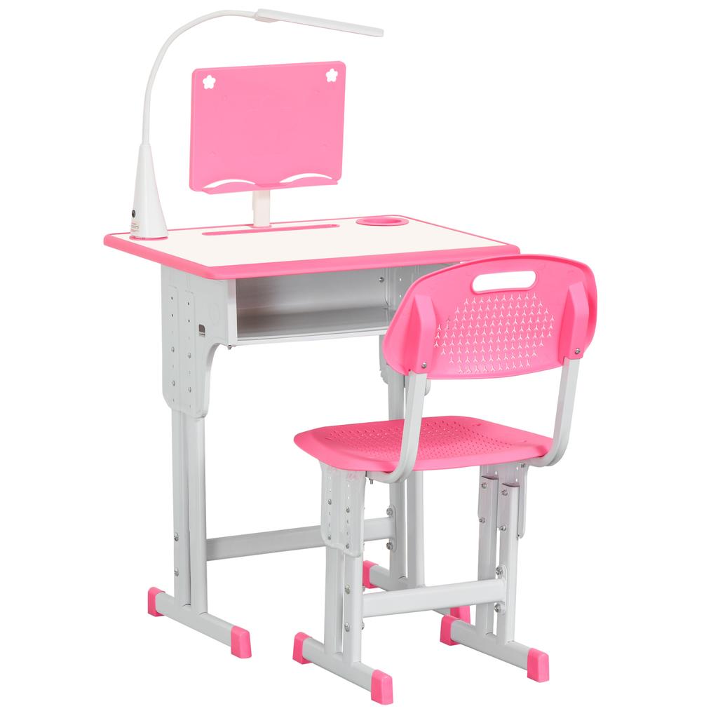 Kids Desk And Chair Set Adjustable Height Study Table Set With Drawer Book Stand Pen Slot Pink