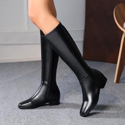 Fashion Winter PU Leather Women Knee High Boots Motorcycle Square Toe Zip Footwear Low Heels Female Riding Ladies Long Boats 2025 New