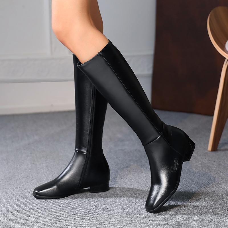 Fashion Winter PU Leather Women Knee High Boots Motorcycle Square Toe Zip Footwear Low Heels Female Riding Ladies Long Boats 2025 New