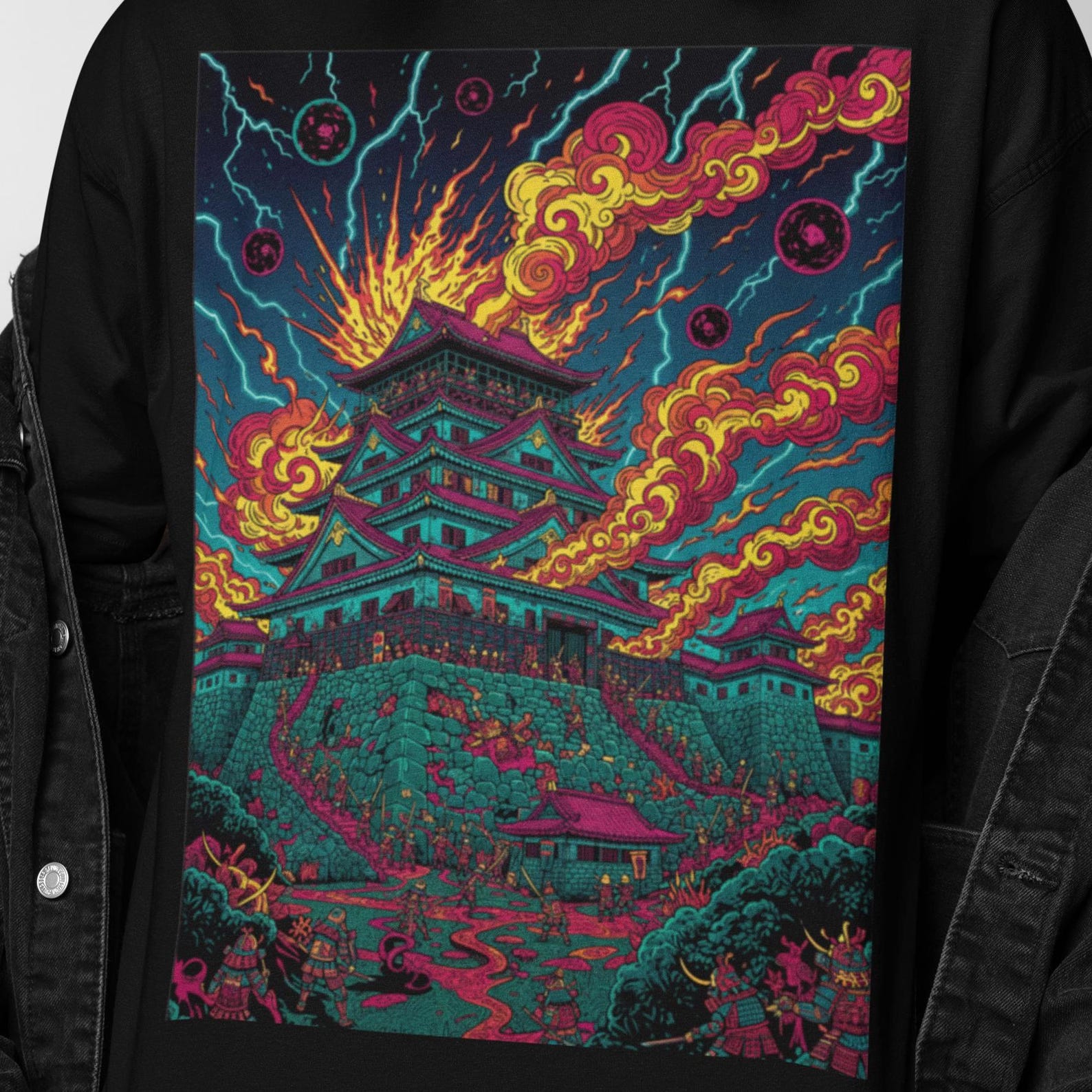 Burning Samurai Castle T-Shirt | Psychedelic Apparel | Surreal Japanese War Fantasy, Trippy Lightning Fortress Graphic Art Tee 2XL