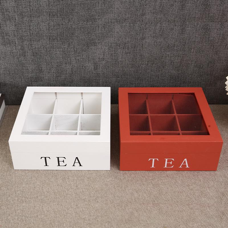 Holz Teebeutel Aufbewahrungsbox mit Klarsichtdeckel 9 Fächer Quadratischer Behälter Schreibtisch Schmuck Organizer Teebox Etui