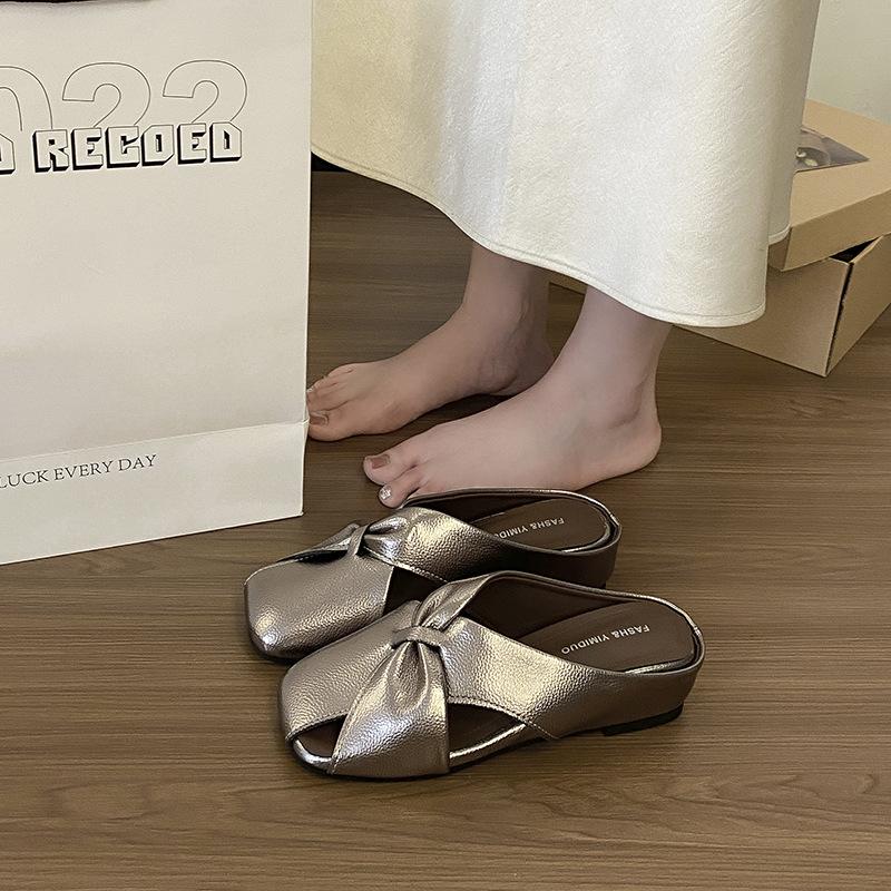 2025 summer wear casual Muller slippers hollow breathable bag head half slippers comfortable round head slope heel cool slippers