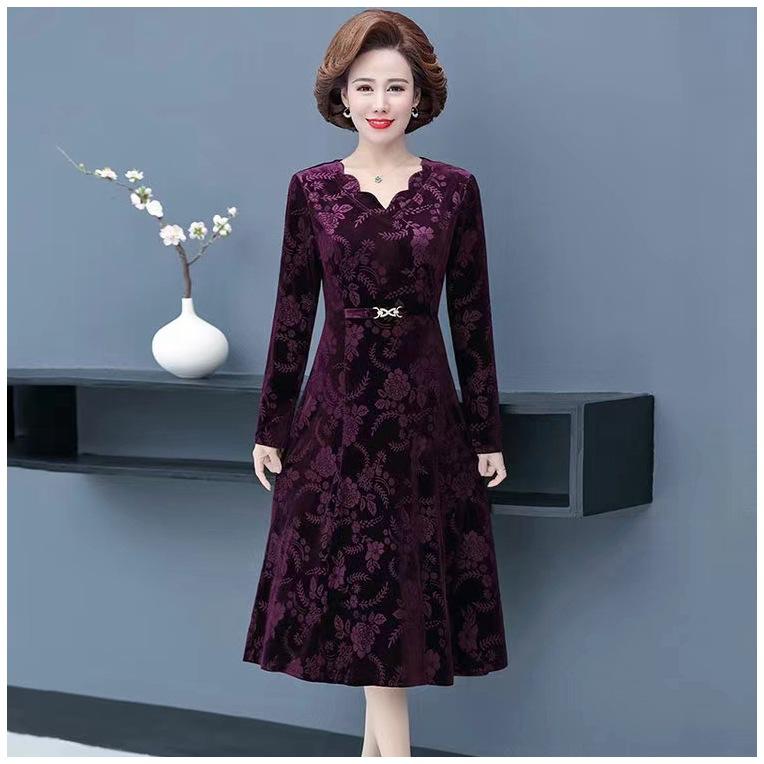 Women's Autumn Long-Sleeved Elegant Dress Mid-Waist V-Neck A-Line Skirt
