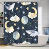 Whimsical Moon Star Print Shower Curtain Navy Blue Background with Whales, Clouds Constellations Perfect for Bath Decor!