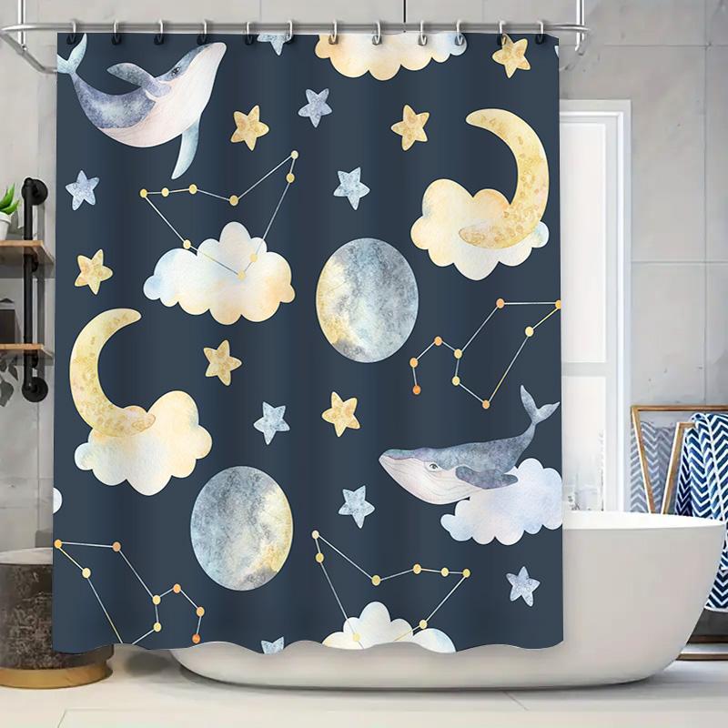 Whimsical Moon Star Print Shower Curtain Navy Blue Background with Whales, Clouds Constellations Perfect for Bath Decor!