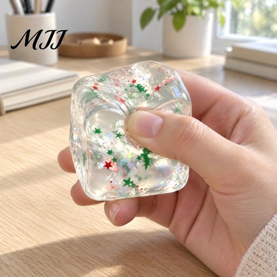 Christmas Stocking Stuffers Stress Cube Fidget Toy, Transparent Squeeze Toy with Glitter, Relaxation Hand Ball Sensory for Anxiety Relief &