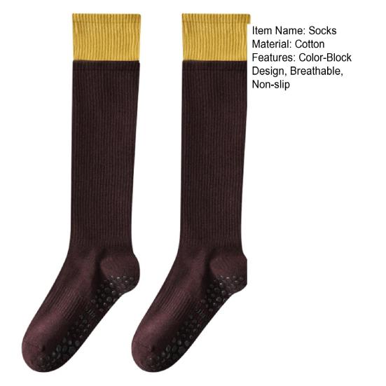 Women Non-Slip Yoga Socks Pilates Socks with Grips Knee High Socks Workout Color-Blocked Over The Calf Socks for Ballet Dance Street Wear