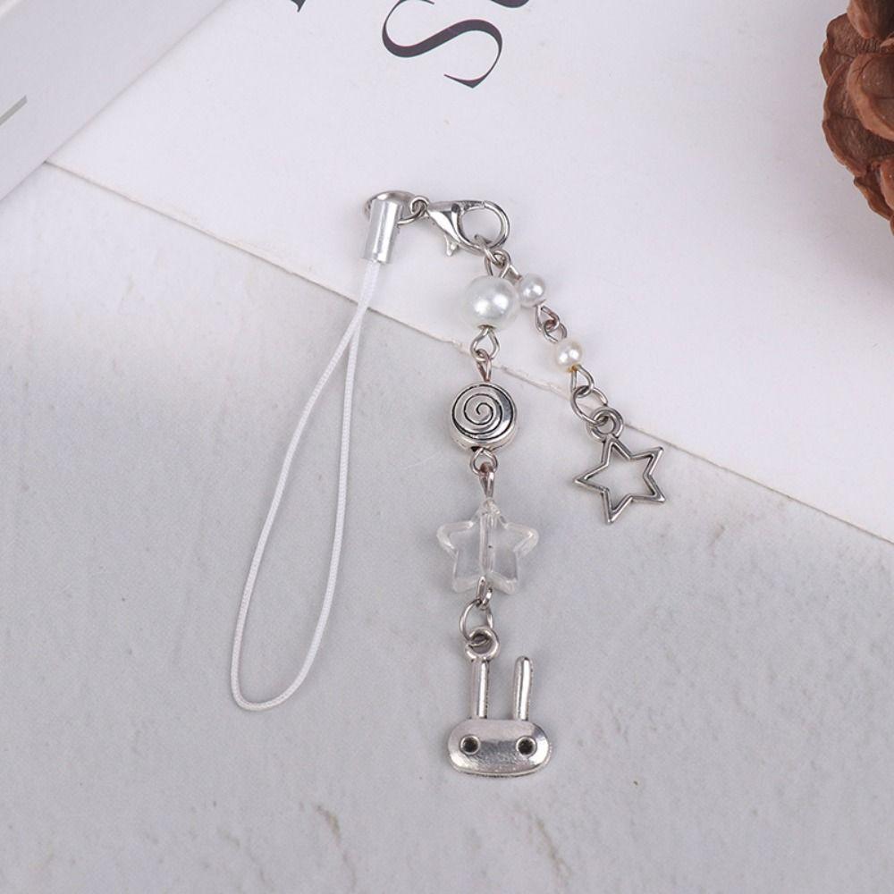 Hanging Rope Y2k Cell Phone Chain Sweet Girl Beaded Keychain Cyber Bunny Phone Charm  Bag Charm