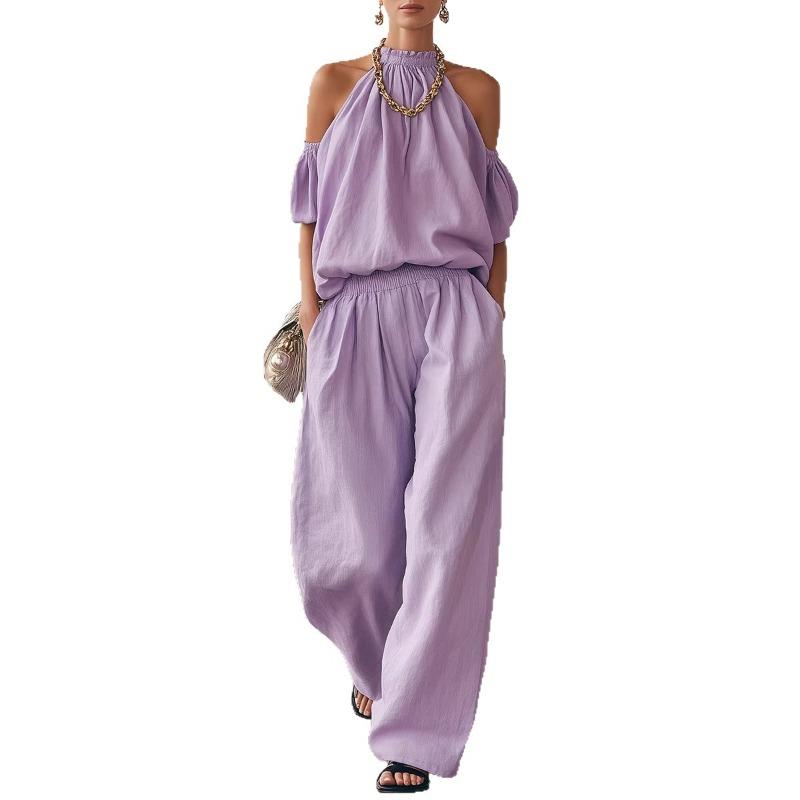 New Summer Women's Off-the-Shoulder Halter Top and High-Waisted Wide-Leg Pants Casual Set