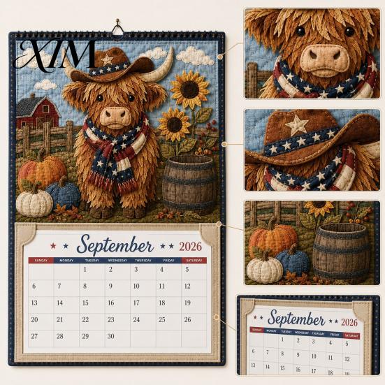 Crafting Project for Adults Highland Cow Farmhouse Calendar DIY Kit 12 Months, Handmade Rustic Theme Craft Set Paper And Cloth Set, Home Office Decor