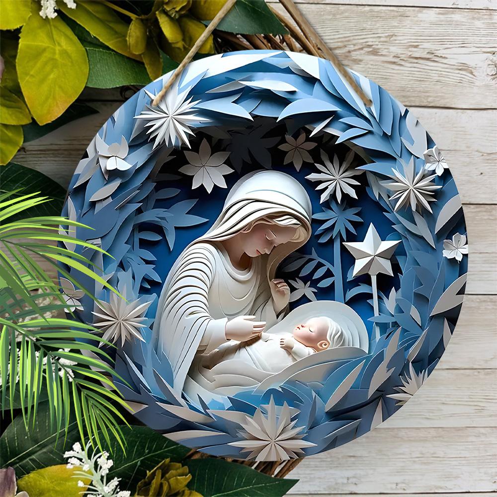 Nativity Scene Wooden Christmas Sign - Navidad Jesus Round Sign for Front Door Wall Hanging Decor - Ideal Christmas Ornament for Christians