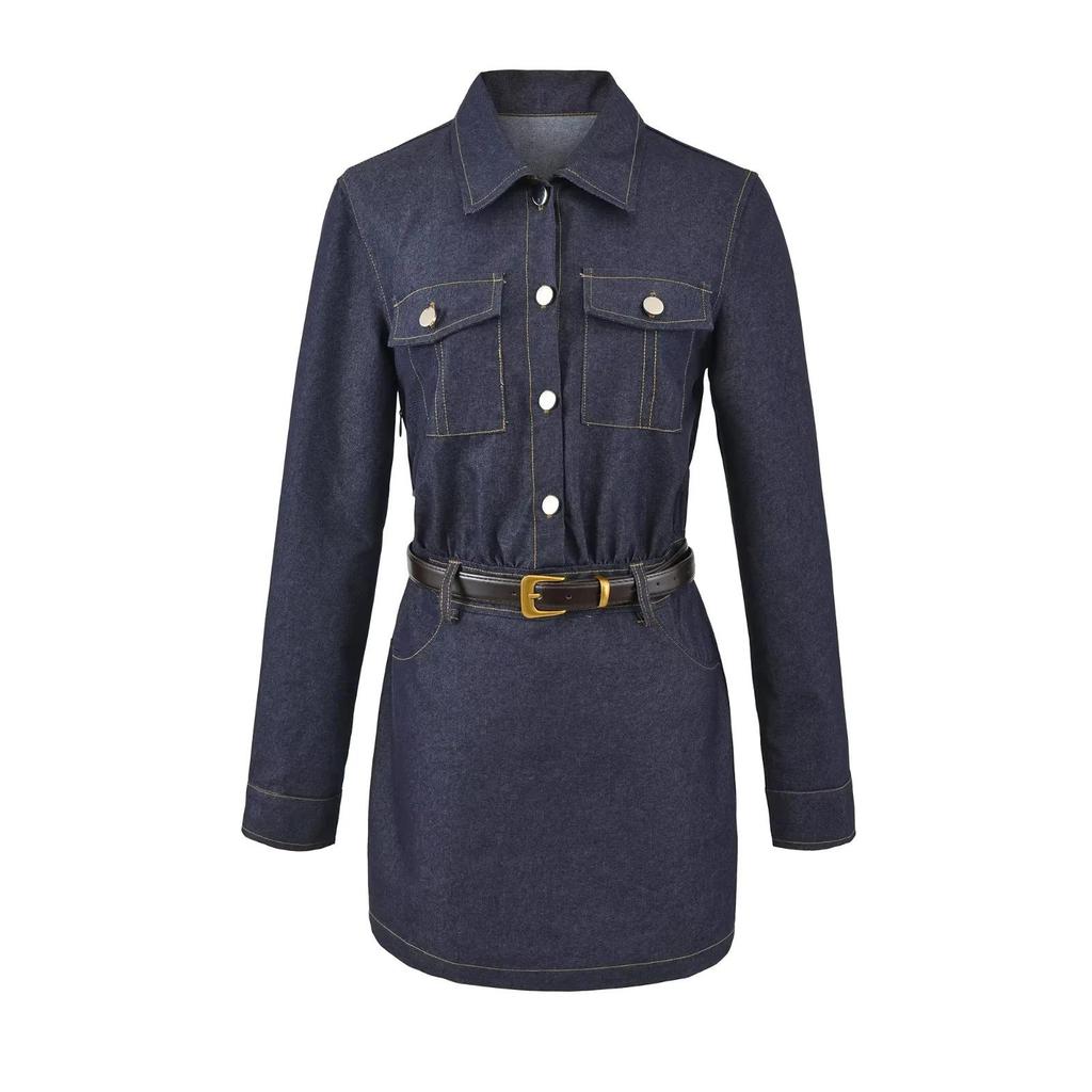 Women's Denim Belted Shirt Dress - Retro Lapel, Waist-Cinching, Hip-Hugging Short Skirt for Autumn/Winter
