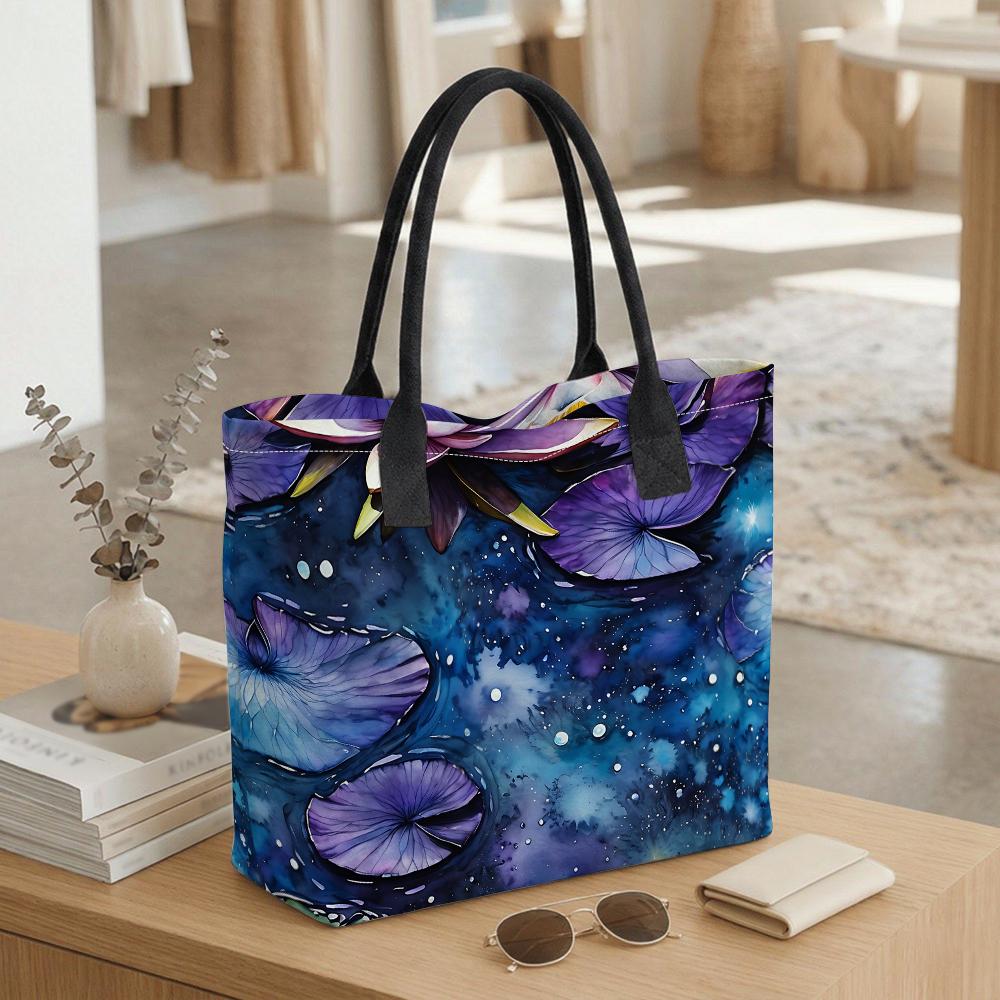 Purple Lotus Printed Tote Bag Casual Large Capacity Women Daily Shoulder Handbag