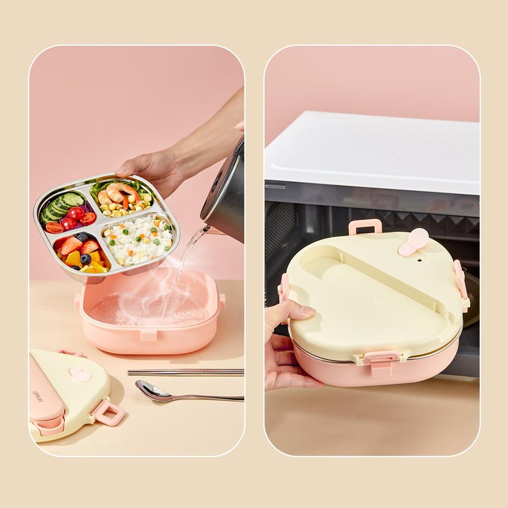 3/4 Grid Portable Square Lunch Container With Cutlery Capybara 304 Stainless Steel Divided Lunch Box For Kids Student Heatable