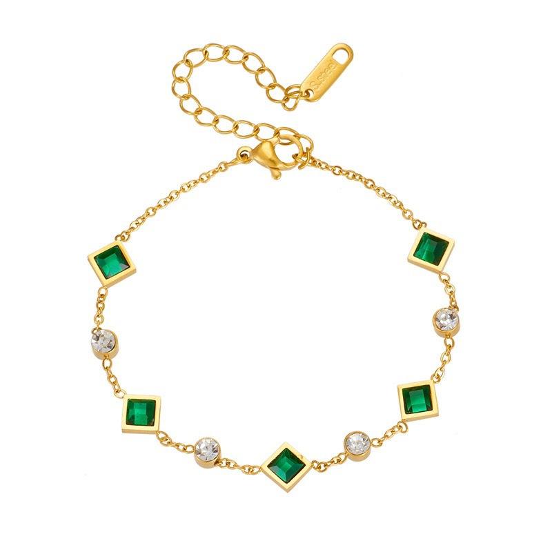 Gold Plated Stainless Steel Alternate Square Emerald & Round CZ Choker Necklace