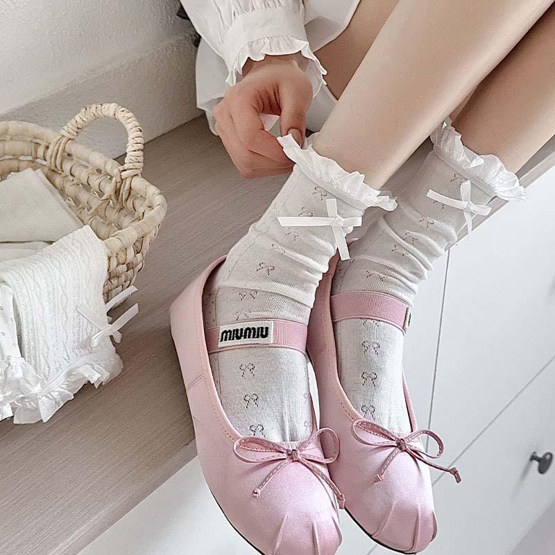 Lolita Lace Frill Mid-Calf Socks with Bow Ribbon - White Ballet Style JK Knee-Highs for Spring & Autumn