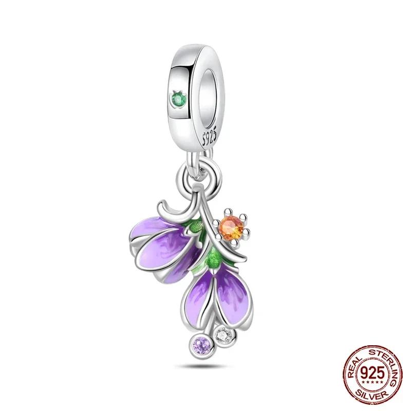 925 Silver Classic Purple Retro Heart Shape Lotus Angel Pattern Charms Beads Fit Necklace Bracelets Pendant DIY Jewelry