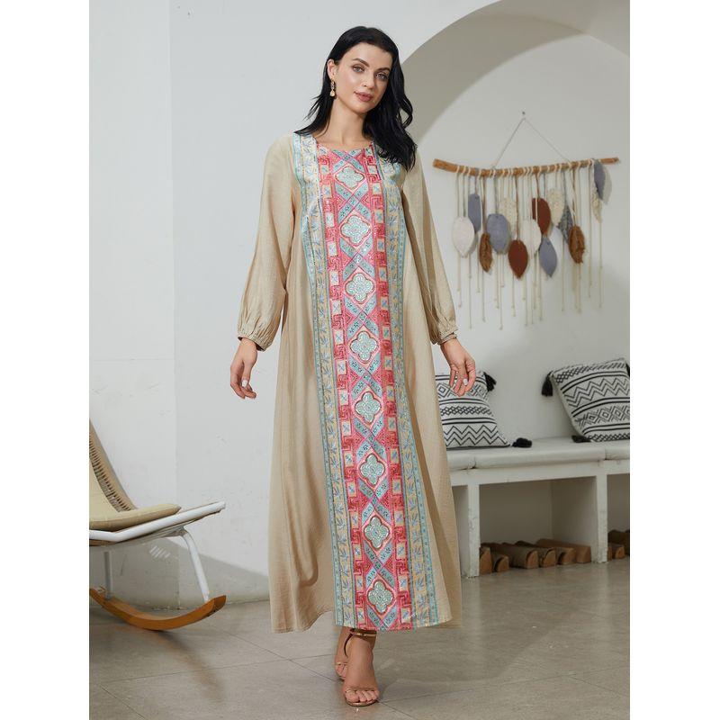 

Middle East Dubai Robe Fashion Print Embroidery Long sleeve dress Embroidered Printed Dress Brown 2XL