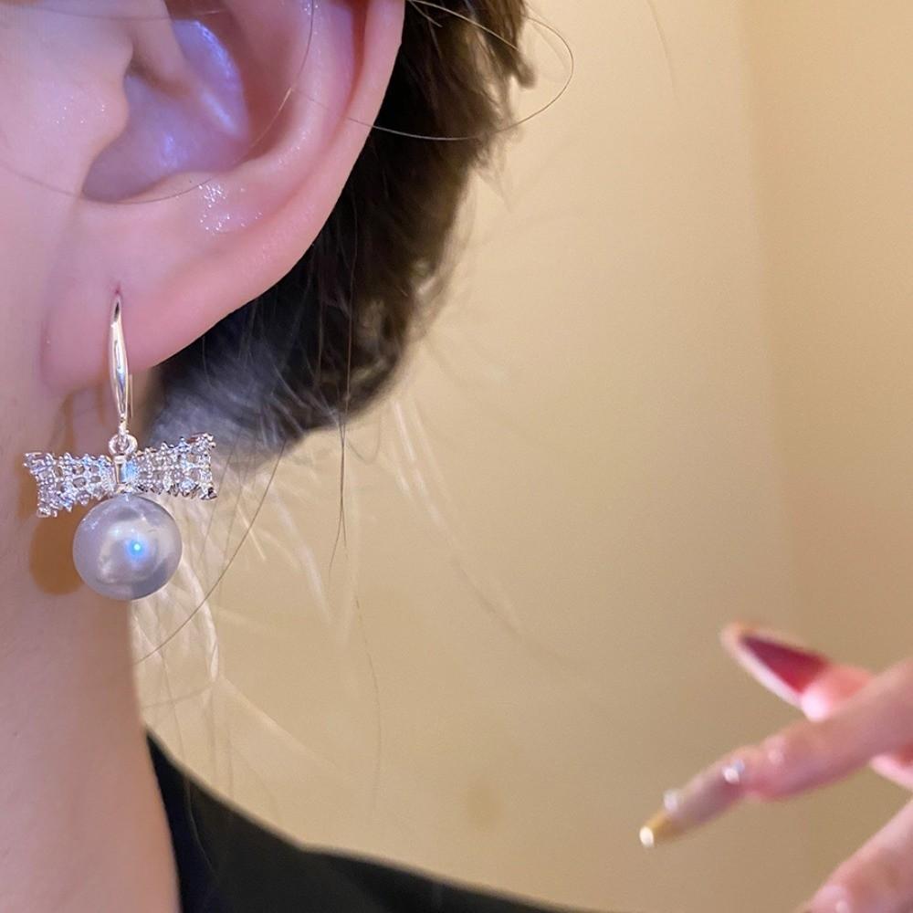 Wedding Bride Bow Pearl Long Earrings Shell Beads Ear Hook Exquisite Drop Earrings Ear Jewelry
