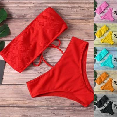 Sexy schulterfreier Bikini für Damen mit Spaghettiträgern, zweiteiliger Badeanzug, einfarbige Badebekleidung, Sommer-Strand-Badeanzug