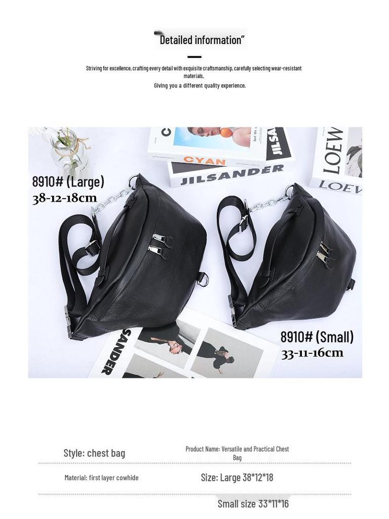 Korean Style Women's Leather Chest Bag: Large Capacity Cowhide Waist & Crossbody Bag with Trendy Chain