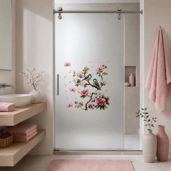 Vögel Blumen Ast Statische Fensteraufkleber, Aquarellvögel auf blühendem Ast Ast Fensteraufkleber, Wiederverwendbare Antikollisions-Doppelseitige Aufkleber für Glas