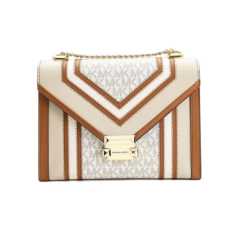Michael Kors MK Whitney Vintage Chain Print Envelope Bag Women Shoulder Bag Brown Beige 30H8GWHL3B-170