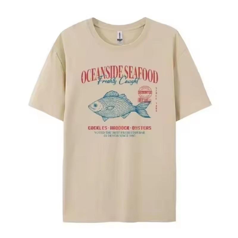

Графическая футболка с морепродуктами Гранж Эстетика Уличная одежда Футболки Хлопок Мода Оверсайз Женская Винтажная футболка Ретро Стиль Топ для отпуска L бежевый