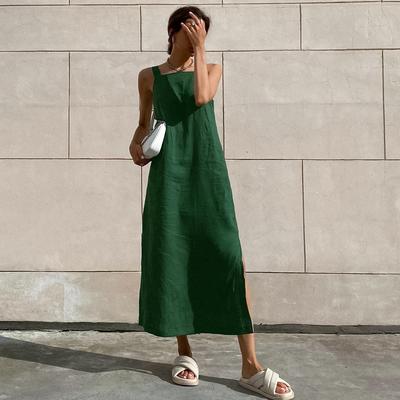 Green Tank Dresses Summer Cotton Linen Sleeveless Straight Split Dress 2023 All-Match Midi Dress Vacation Style Lady