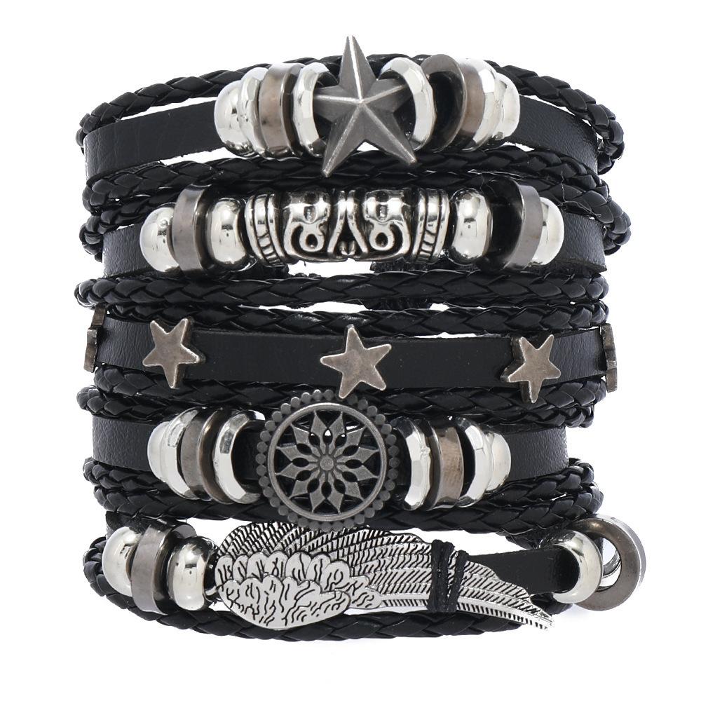 Men's Punk Skull Leather Bracelet Set Multi-Layer Gothic Rock Chain Bracelets Pentagram Charm Hip Hop Streetwear Badge Jewelry Accessories for Him