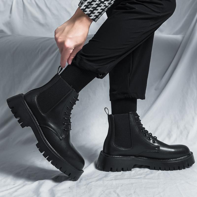 Stivali da Uomo Nuove Scarpe in Pelle a Punta Larga Autunno e Inverno Allacciatura Alta Suola Spessa Durevoli Europei Neri Taglie 38-44 Scarpe da Uomo