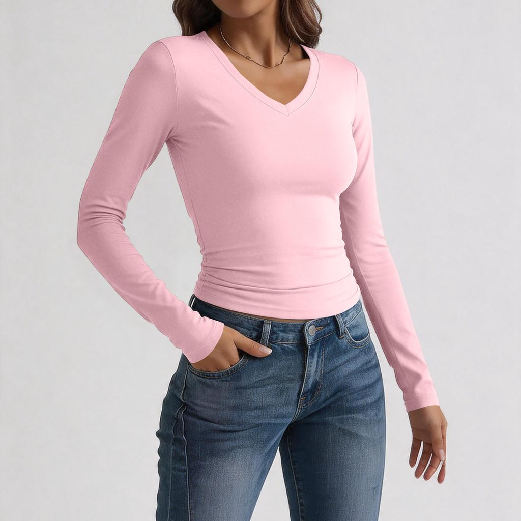 Women's Slim Fit V Neck Long Sleeve T Shirt Stretchy Milk Silk Fabric Soft Texture Basic Layering Top