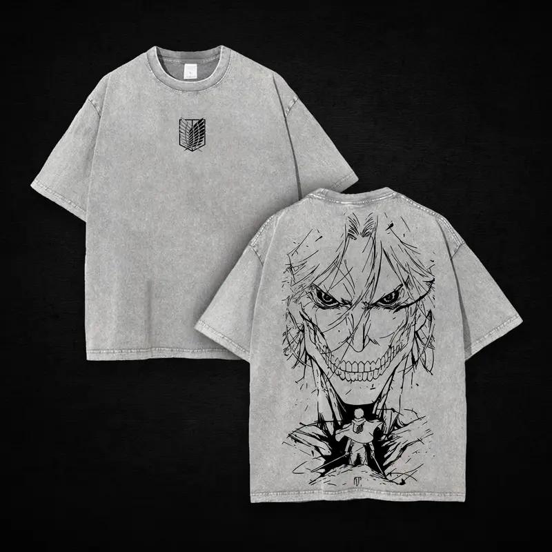 Anime Attack On Titan Eren Jaeger Graphic T Shirt Men Women Cotton Tshirts Vintage Washed Clothing Harajuku Male Manga T-shirt