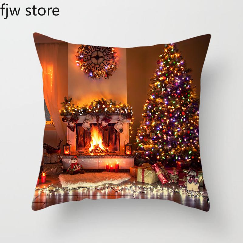 Christmas Decor Pillow Cover  Tree Gift Fireplace Print Throw   New Year Home  Sofa Cushion