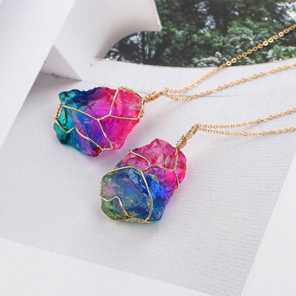Fashion Retro Gold Color Chain Winding Wire Irregular Colorful Crystal Stone Pendant Necklace for Women Men Collar Chain Jewelry