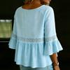 Women's Color Casual Fashion Loose Cotton Linen Lace Splicing Round Neck Shirt Top