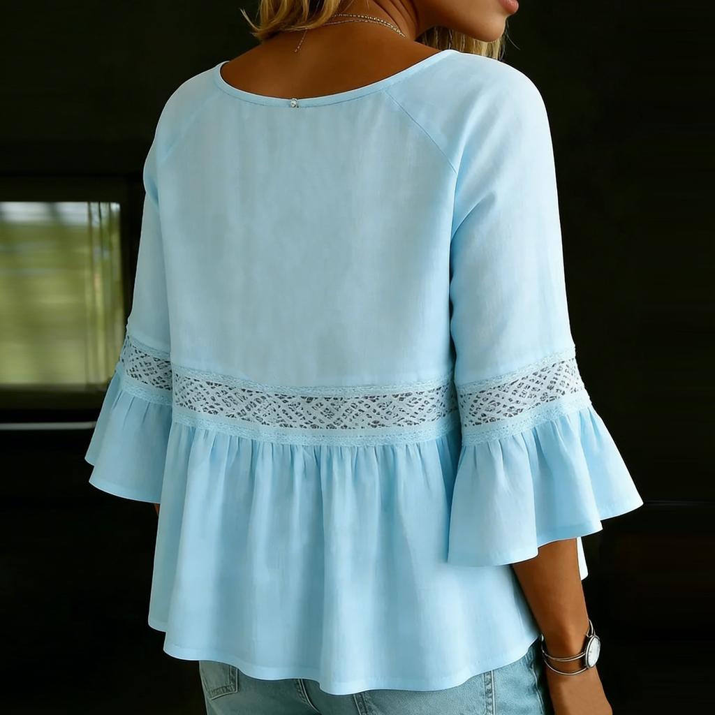 Women's Color Casual Fashion Loose Cotton Linen Lace Splicing Round Neck Shirt Top