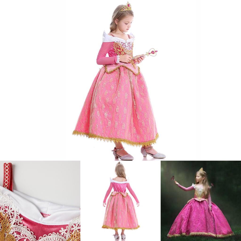 Bezauberndes Dornröschen-Prinzessin-Aurora-Kostüm für Mädchen mit langen Ärmeln und Spitzendetails