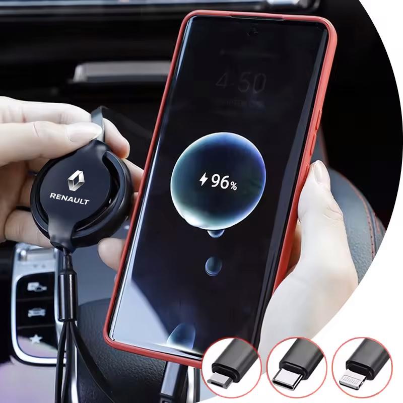 2026 Chaud Pour Renault Autocollants Intérieurs Voiture 3 en 1 Rétractable Micro Câble de Données Type C USB Charge Rapide Pour Renault Megane 2 3 4