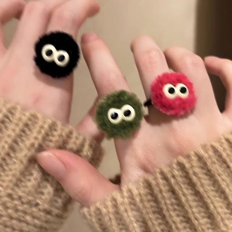 Adorable Cartoon Coal Ball Plush Ring for Women - Unique Autumn/Winter Design
