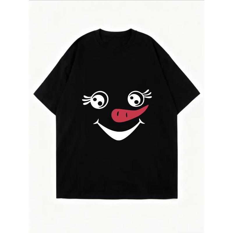 White Oversized T-Shirt With Snowman Face Print For Casual Wear