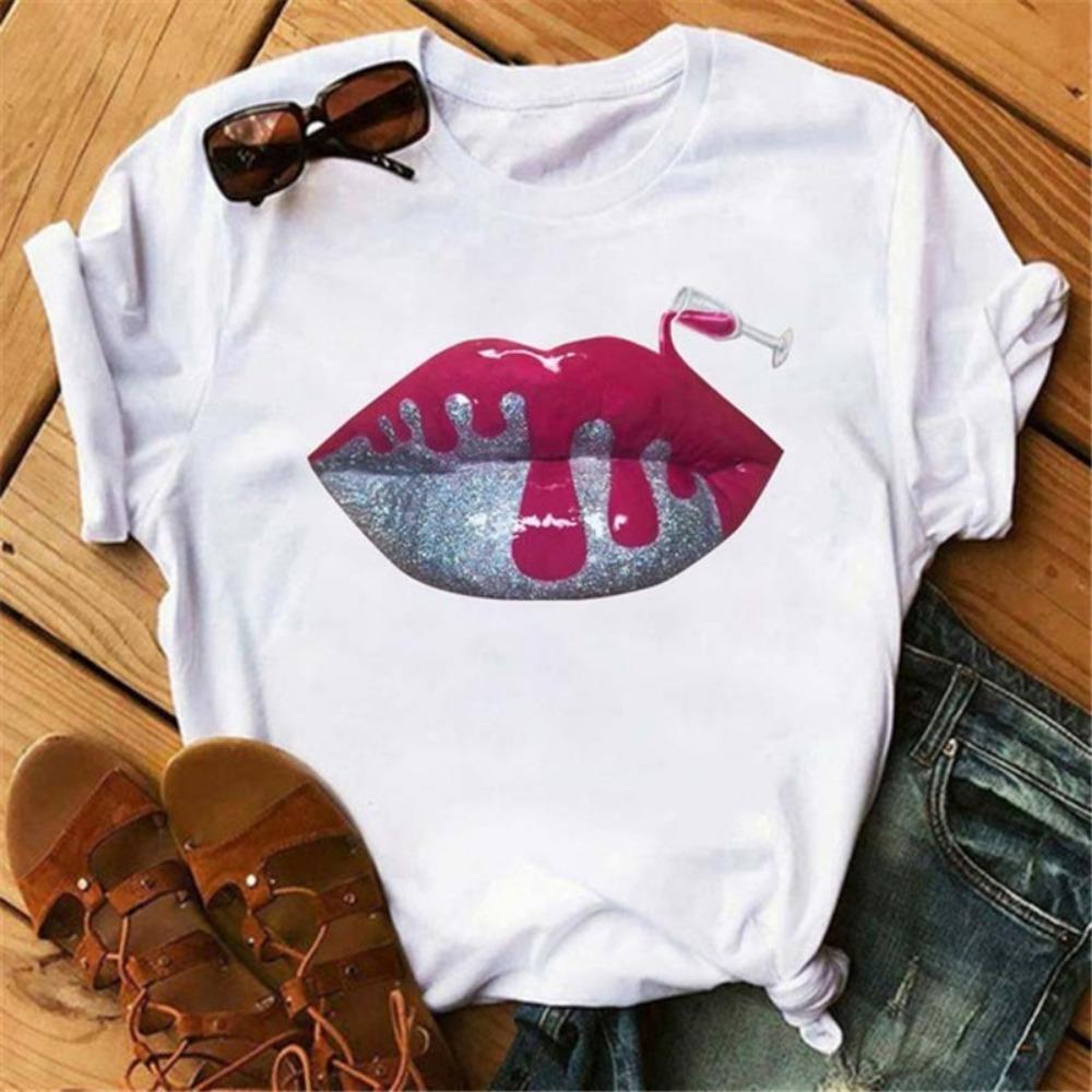 Fashion Lips Print Women T Shirt Casual Short Sleeve O Neck Loose Women Tshirt Ladies Tee Shirt Tops Clothes Camisetas Mujer