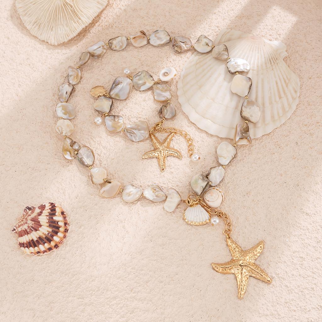 Ingemark Boho Summer Vacation Starfish Conch Pendant Choker Necklace Bracelets for Women Imitation Pearl Chain Y2K Jewelry Set