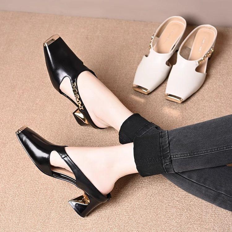 Summer new design chain square head half slippers women's outer wear middle heel soft leather casual lazy one pedal bag head drag